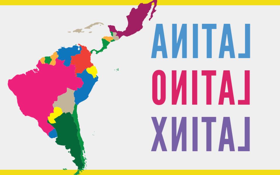 Map of Latin America with words Latina, Latino, Latinx.